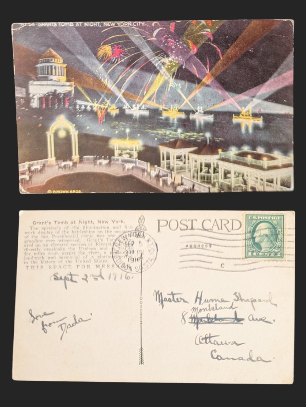 5/$25 Vintage 1916 Postmarked Grant's Tomb at Night New York City Postcard